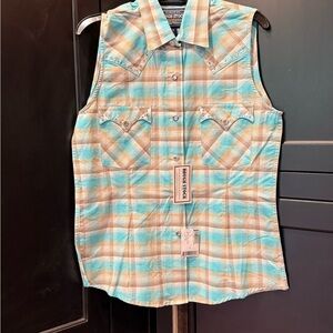 NWT Rough Stock by Panhandle Slim Women’s Plaid Sleeveless Shirt - Blue and Tan